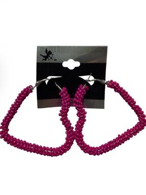Pink Metal Bead Chained Heart Dangle Earrings
